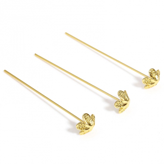 Picture of 5 PCs (19 gauge) Brass Head Pins Flower 18K Real Gold Plated 5.5cm(2 1/8") long                                                                                                                                                                               