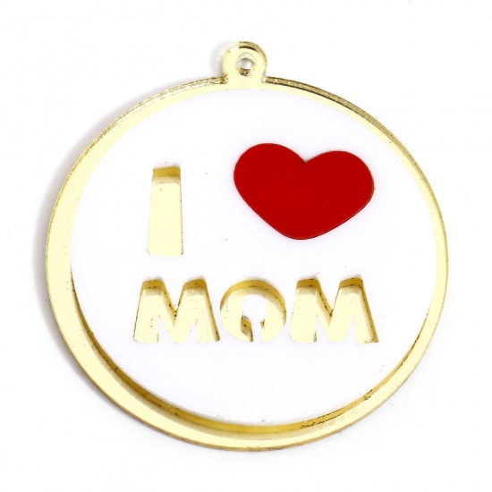 Bild von 5 Stück Acryl Muttertag Anhänger Rund Herz Weiß Message " I Love Mom " 4.2cm x 4cm