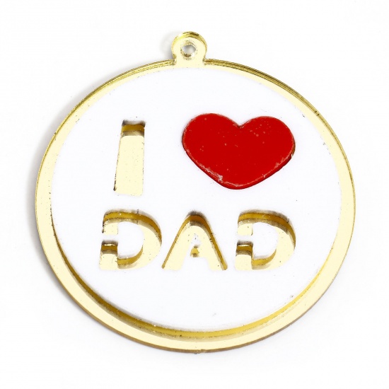 Picture of 5 PCs Acrylic Father's Day Pendants Round Heart White Message " I Love Dad " 4.2cm x 4cm