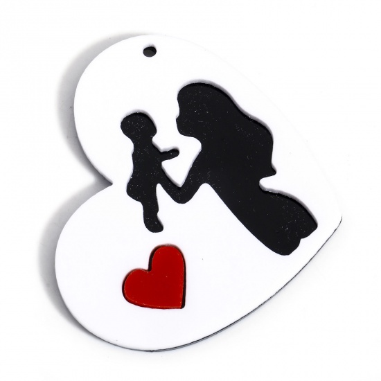 Picture of 5 PCs Acrylic Mother's Day Pendants Mother And Child Heart White 4.2cm x 3.7cm