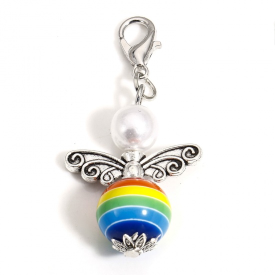 Picture of 5 PCs Zinc Based Alloy & Acrylic Religious Pendants Antique Silver Color Angel Rainbow With Lobster Claw Clasp 4.3cm x 2.2cm
