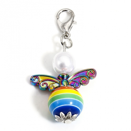 Picture of 5 PCs Zinc Based Alloy & Acrylic Religious Pendants Rainbow Color Plated Angel Rainbow With Lobster Claw Clasp 4.3cm x 2.2cm