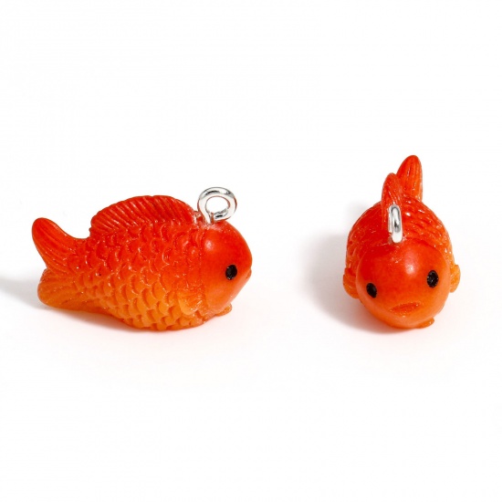 Picture of 5 PCs Resin Charms Goldfish Silver Tone 3D 22mm x 14mm