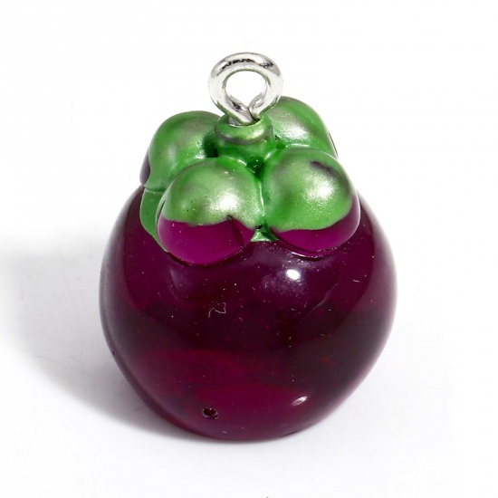 Picture of 10 PCs Resin Charms Mangosteen Fruit Silver Tone Purple 3D 20mm x 16mm