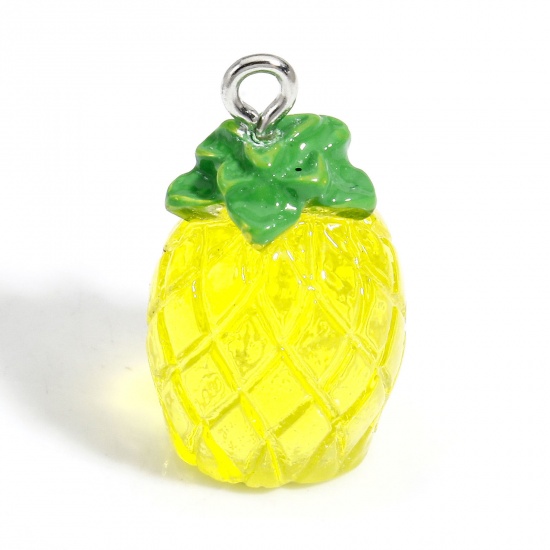 Picture of 10 PCs Resin Charms Pineapple/ Ananas Fruit Silver Tone Pale Yellow 3D 23mm x 14mm