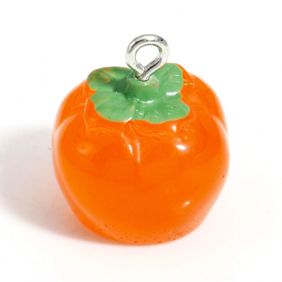 Picture of 10 PCs Resin Charms Persimmon Silver Tone Orange 3D 18mm x 17mm