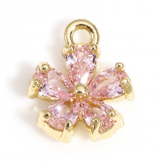 Imagen de 2 Unidades Latón Colgantes Charms Flor 14K Oro Real Chappado Rosado Circón Artificial 9mm x 7mm