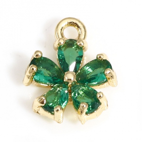 Imagen de 2 Unidades Latón Colgantes Charms Flor 14K Oro Real Chappado Verde Circón Artificial 9mm x 7mm
