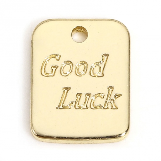 Picture of 2 PCs Brass Charms 14K Real Gold Plated Message " GOOD LUCK " 9mm x 7mm                                                                                                                                                                                       