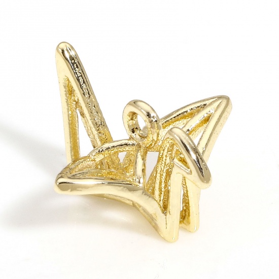 Picture of 1 Piece Brass Origami Charms 14K Real Gold Plated Origami Crane Hollow 13mm x 12.5mm                                                                                                                                                                          