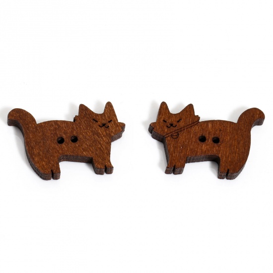Picture of 20 PCs Wood Buttons Scrapbooking 2 Holes Cat Animal Dark Brown 3cm x 2cm