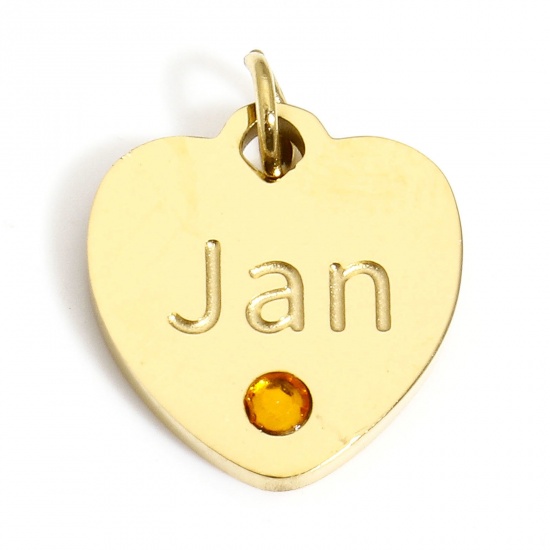 Picture of 1 Piece Vacuum Plating 304 Stainless Steel Birthstone Charms Gold Plated Heart Message " January " Orange Rhinestone 12mm x 11mm