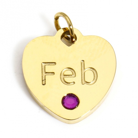 Picture of 1 Piece Vacuum Plating 304 Stainless Steel Birthstone Charms Gold Plated Heart Message " February " Purple Rhinestone 12mm x 11mm