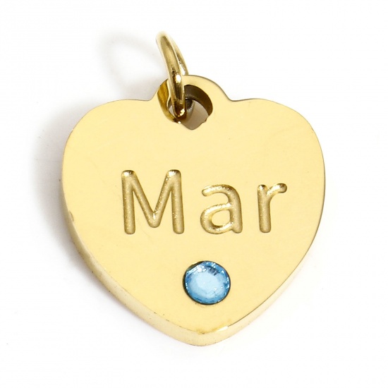 Picture of 1 Piece Vacuum Plating 304 Stainless Steel Birthstone Charms Gold Plated Heart Message " March " Light Blue Rhinestone 12mm x 11mm