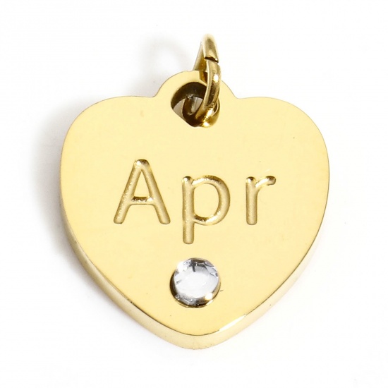 Picture of 1 Piece Vacuum Plating 304 Stainless Steel Birthstone Charms Gold Plated Heart Message " April " Clear Rhinestone 12mm x 11mm