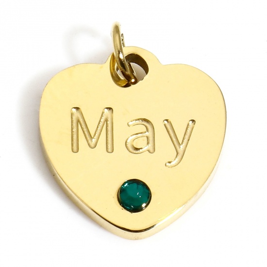 Picture of 1 Piece Vacuum Plating 304 Stainless Steel Birthstone Charms Gold Plated Heart Message " May " Green Rhinestone 12mm x 11mm
