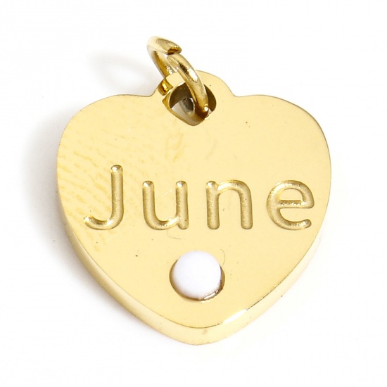 Picture of 1 Piece Vacuum Plating 304 Stainless Steel Birthstone Charms Gold Plated White Heart Message " June " Imitation Turquoise 12mm x 11mm