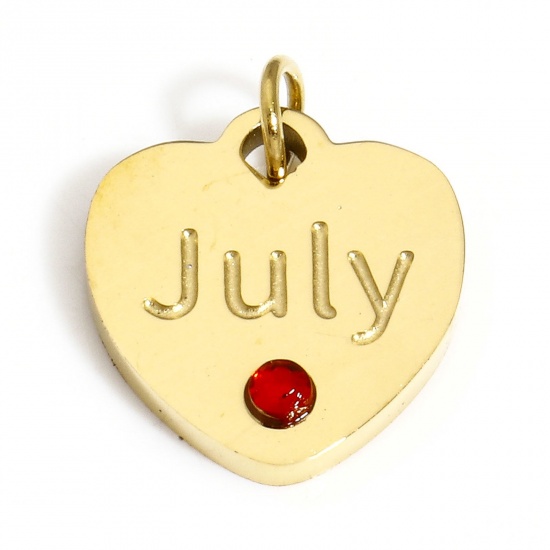 Picture of 1 Piece Vacuum Plating 304 Stainless Steel Birthstone Charms Gold Plated Heart Message " July " Red Rhinestone 12mm x 11mm
