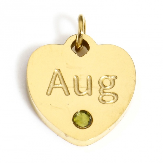 Picture of 1 Piece Vacuum Plating 304 Stainless Steel Birthstone Charms Gold Plated Heart Message " August " Olive Green Rhinestone 12mm x 11mm
