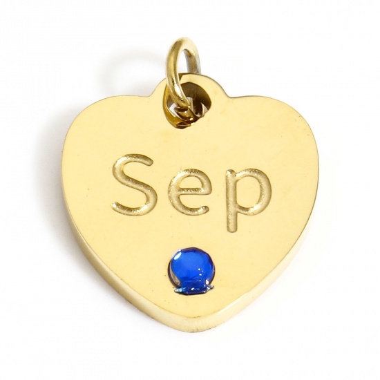 Picture of 1 Piece Vacuum Plating 304 Stainless Steel Birthstone Charms Gold Plated Heart Message " September " Royal Blue Rhinestone 12mm x 11mm