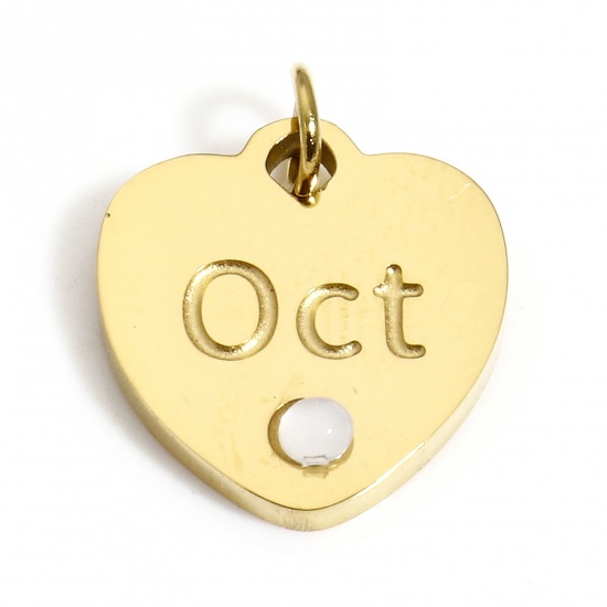 Picture of 1 Piece Vacuum Plating 304 Stainless Steel Birthstone Charms Gold Plated Ivory Heart Message " October " Imitation Opal 12mm x 11mm