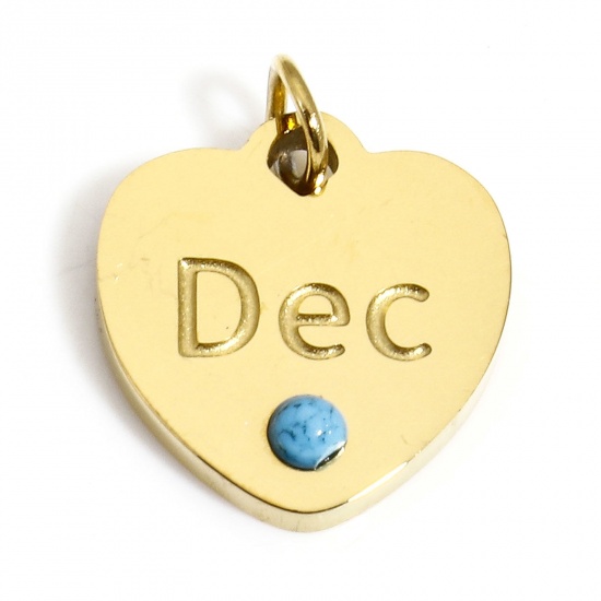 Picture of 1 Piece Vacuum Plating 304 Stainless Steel Birthstone Charms Gold Plated Blue Heart Message " December " Imitation Turquoise 12mm x 11mm