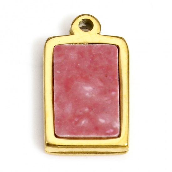 Picture of 1 Piece Vacuum Plating 304 Stainless Steel Stylish Charms Gold Plated Pink Rectangle Enamel 12mm x 7mm