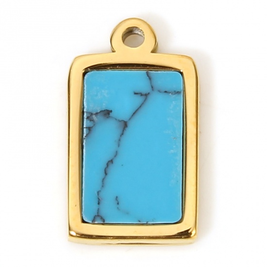 Picture of 1 Piece Vacuum Plating 304 Stainless Steel Stylish Charms Gold Plated Blue Rectangle Enamel 12mm x 7mm
