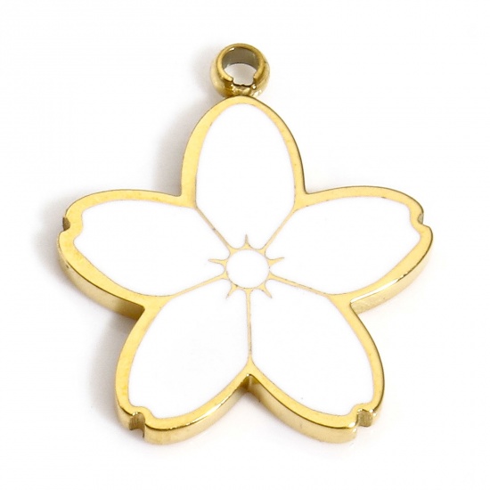 Picture of 1 Piece Vacuum Plating 304 Stainless Steel Stylish Charms Gold Plated White Flower Enamel 13.5mm x 12mm