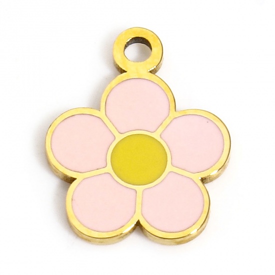 Picture of 1 Piece Vacuum Plating 304 Stainless Steel Stylish Charms Gold Plated Pink Flower Enamel 10mm x 8mm