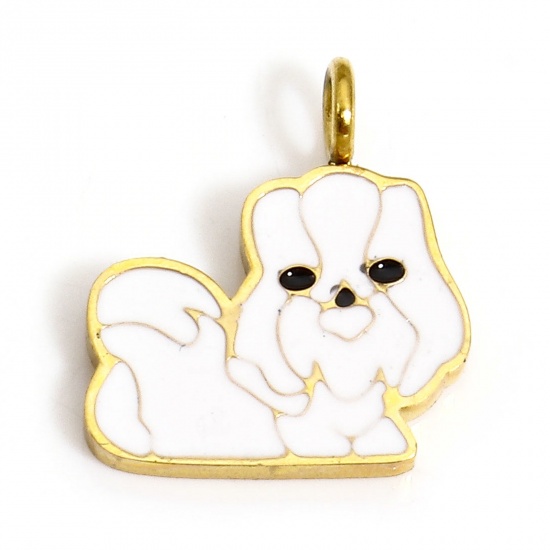 Picture of 1 Piece Vacuum Plating 304 Stainless Steel Stylish Charms Gold Plated White Dog Animal Enamel 11mm x 10mm