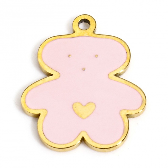 Picture of 1 Piece Vacuum Plating 304 Stainless Steel Stylish Charms Gold Plated Pink Bear Animal Heart Enamel 14mm x 12mm