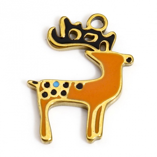Picture of 1 Piece Vacuum Plating 304 Stainless Steel Stylish Charms Gold Plated Orange Deer Animal Enamel 18mm x 14mm
