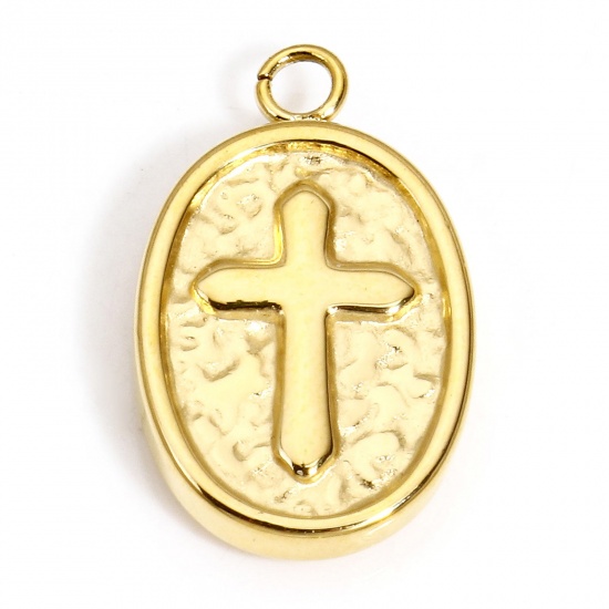 Bild von 1 Stück Umweltfreundliche Vakuumbeschichtung 304 Edelstahl Gehämmert Charms Oval Vergoldet Kreuz 17.5mm x 10.5mm