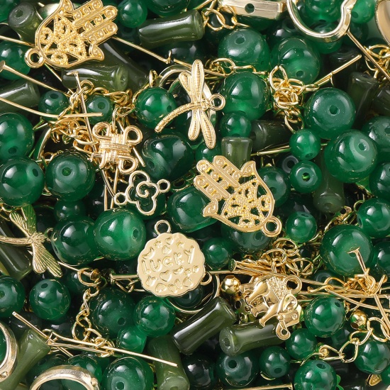 Picture of 1 Packet (30g) Zinc Based Alloy & Glass Beads Charms DIY Kits For Bracelet Necklace Jewelry Making Handmade Accessories Golden Dark Green At Random Mixed