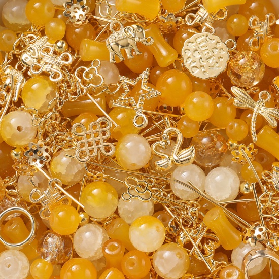 Picture of 1 Packet (30g) Zinc Based Alloy & Glass Beads Charms DIY Kits For Bracelet Necklace Jewelry Making Handmade Accessories Golden Orange At Random Mixed