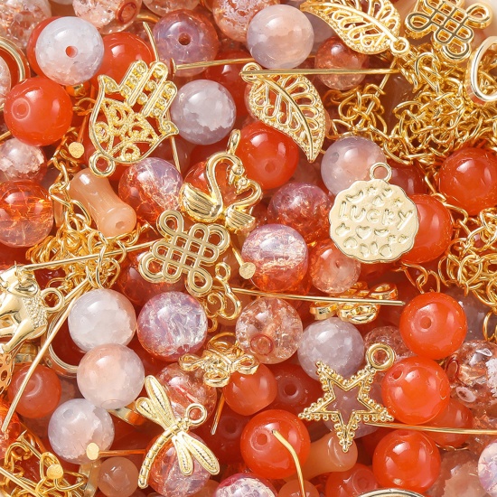 Picture of 1 Packet (30g) Zinc Based Alloy & Glass Beads Charms DIY Kits For Bracelet Necklace Jewelry Making Handmade Accessories Golden Orange-red At Random Mixed