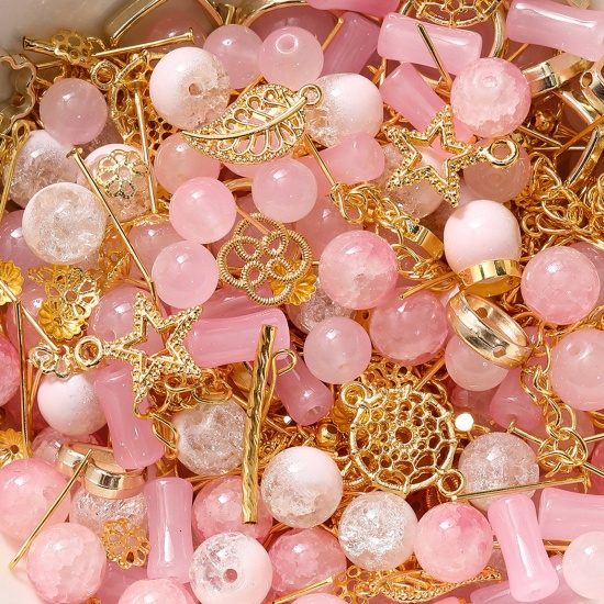 Picture of 1 Packet (30g) Zinc Based Alloy & Glass Beads Charms DIY Kits For Bracelet Necklace Jewelry Making Handmade Accessories Golden Pink At Random Mixed