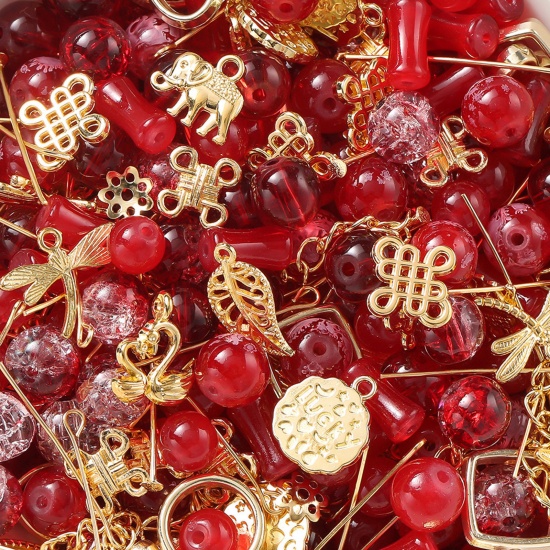 Picture of 1 Packet (30g) Zinc Based Alloy & Glass Beads Charms DIY Kits For Bracelet Necklace Jewelry Making Handmade Accessories Golden Red At Random Mixed