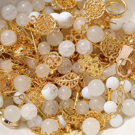 Picture of 1 Packet (50g) Zinc Based Alloy & Glass Beads Charms DIY Kits For Bracelet Necklace Jewelry Making Handmade Accessories Golden White At Random Mixed