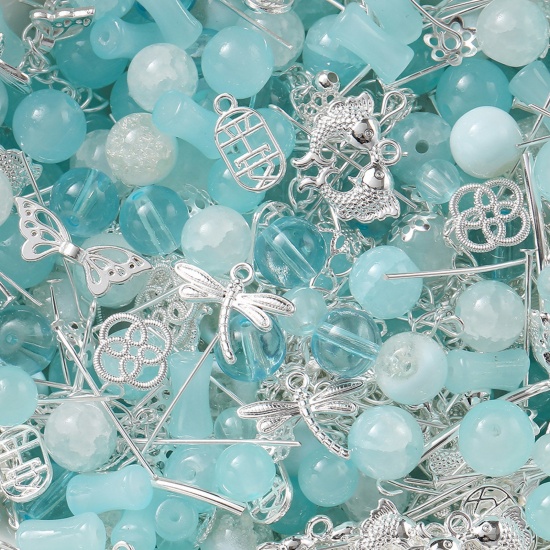 Imagen de (30g) 1 Paquete Aleación de Metal de Zinc + Vidrio Kits de Bricolaje de Cuentas para Pulsera, Collar, Fabricación de Joyas, Accesorios Hechos a Mano Plata Azul Mezclado Al Azar