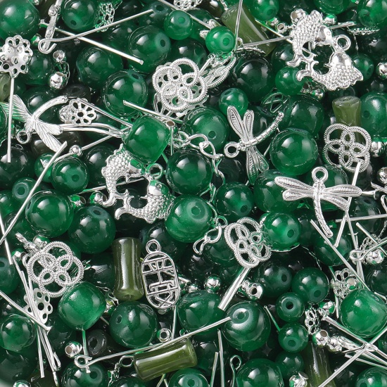 Picture of 1 Packet (30g) Zinc Based Alloy & Glass Beads Charms DIY Kits For Bracelet Necklace Jewelry Making Handmade Accessories Silver Color Dark Green At Random Mixed