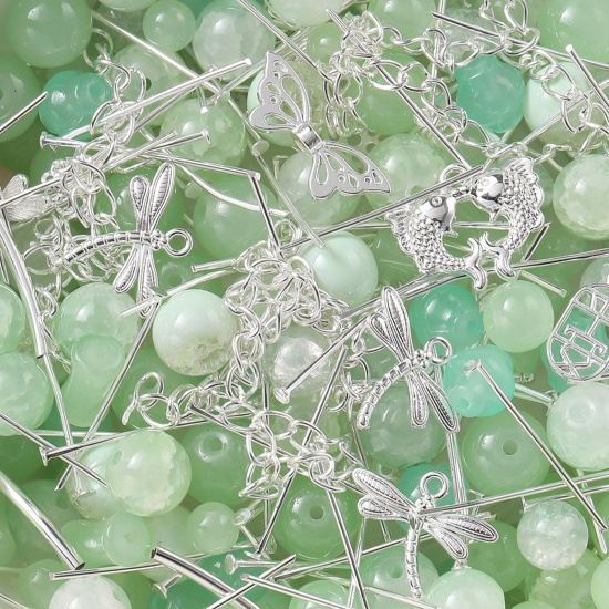 Picture of 1 Packet (50g) Zinc Based Alloy & Glass Beads Charms DIY Kits For Bracelet Necklace Jewelry Making Handmade Accessories Silver Color Green At Random Mixed