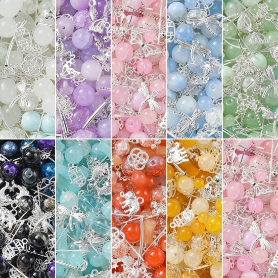 Picture of 1 Packet (30g) Zinc Based Alloy & Glass Beads Charms DIY Kits For Bracelet Necklace Jewelry Making Handmade Accessories Silver Color At Random Mixed Color