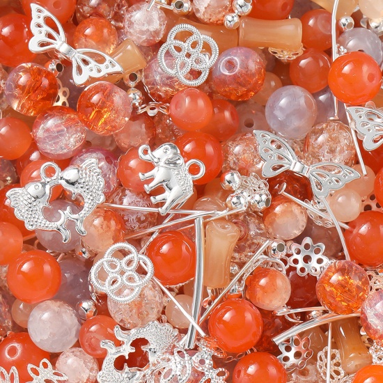 Picture of 1 Packet (30g) Zinc Based Alloy & Glass Beads Charms DIY Kits For Bracelet Necklace Jewelry Making Handmade Accessories Silver Color Orange-red At Random Mixed
