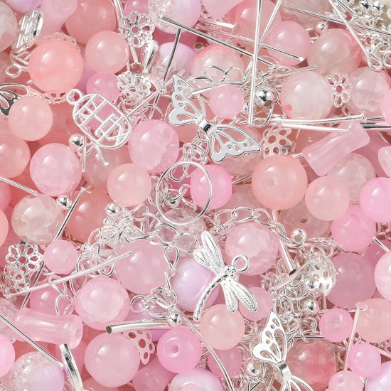 Picture of 1 Packet (30g) Zinc Based Alloy & Glass Beads Charms DIY Kits For Bracelet Necklace Jewelry Making Handmade Accessories Silver Color Pink At Random Mixed