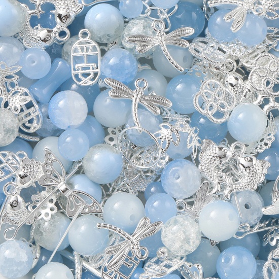 Imagen de (30g) 1 Paquete Aleación de Metal de Zinc + Vidrio Kits de Bricolaje de Cuentas para Pulsera, Collar, Fabricación de Joyas, Accesorios Hechos a Mano Plata Azul Cielo Mezclado Al Azar