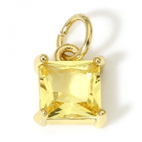 Picture of 2 PCs Brass & Glass Charms 18K Real Gold Plated Yellow Square 9mm x 7mm