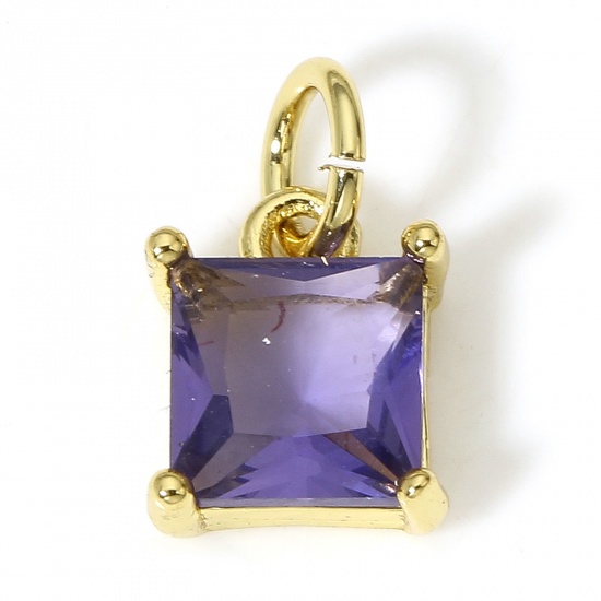 Picture of 2 PCs Brass & Glass Charms 18K Real Gold Plated Purple Square 9mm x 7mm