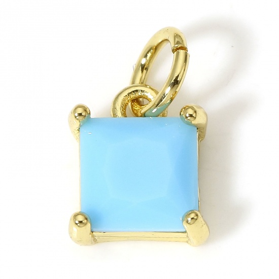 Picture of 2 PCs Brass & Glass Charms 18K Real Gold Plated Blue Square 9mm x 7mm